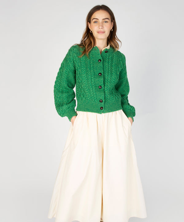 Irelands Eye Clover Cropped Aran Cardigan Green Marl