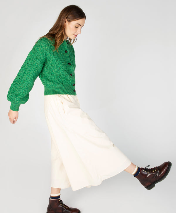 Irelands Eye Clover Cropped Aran Cardigan Green Marl