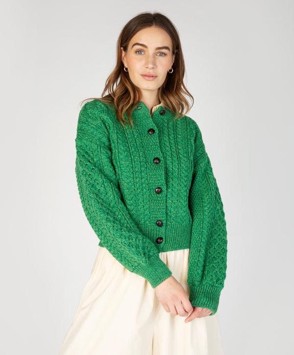 irelands eye Clover Cropped Aran Cardigan Green Marl