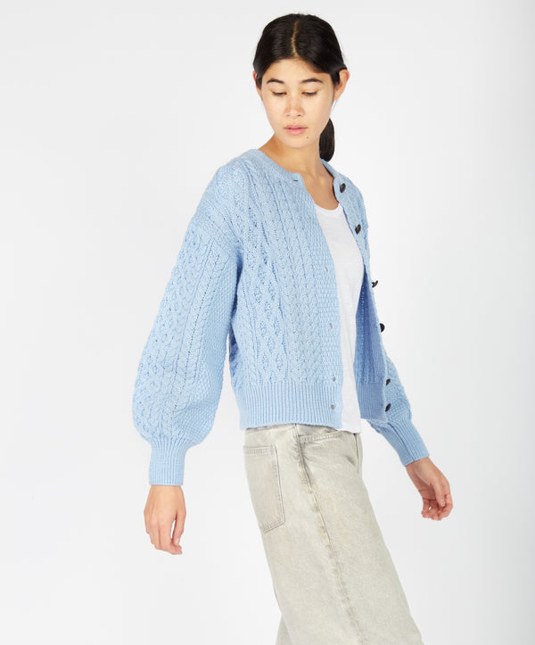 Irelands Eye Clover Cropped Aran Cardigan Morning Sky