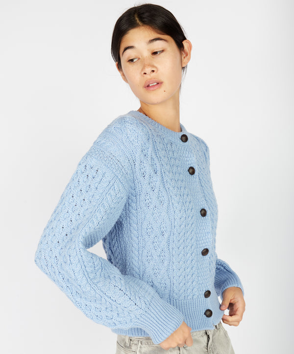 Irelands Eye Clover Cropped Aran Cardigan Morning Sky