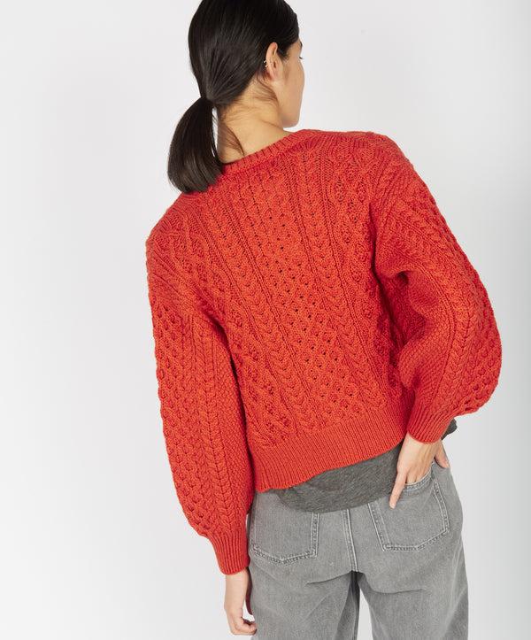Irelands Eye Clover Cropped Aran Cardigan Orange Marl