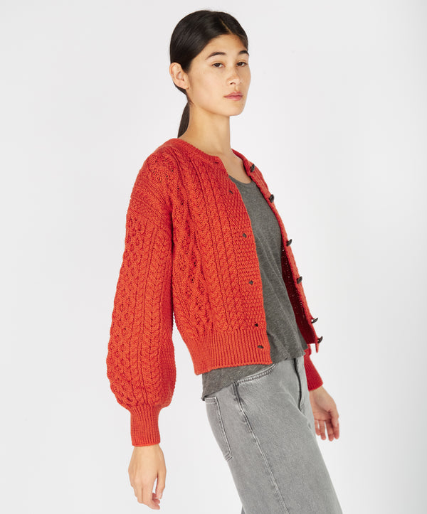 Irelands Eye Clover Cropped Aran Cardigan Orange Marl