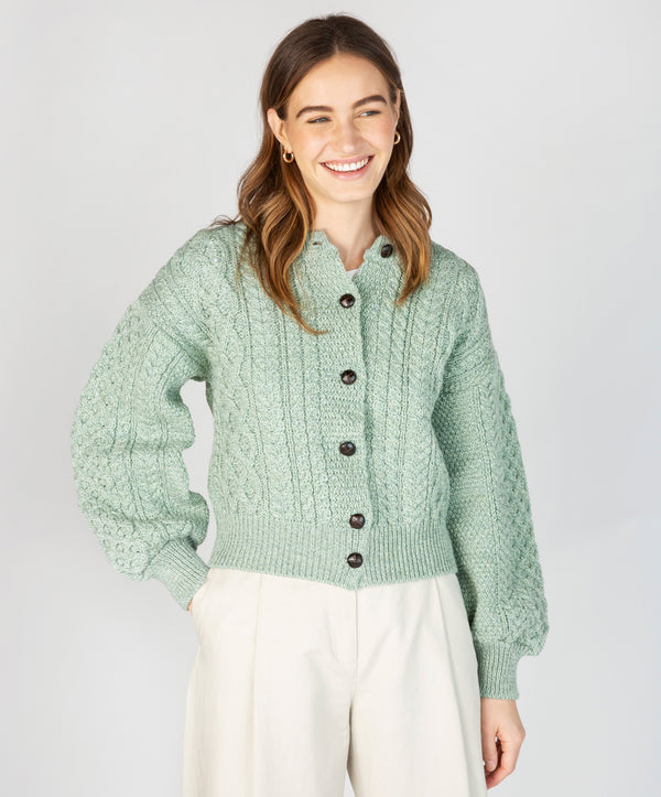 Irelands Eye Clover Cropped Aran Cardigan Sage Marl