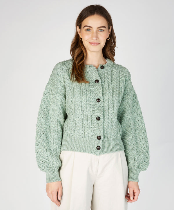 Irelands Eye Clover Cropped Aran Cardigan Sage Marl