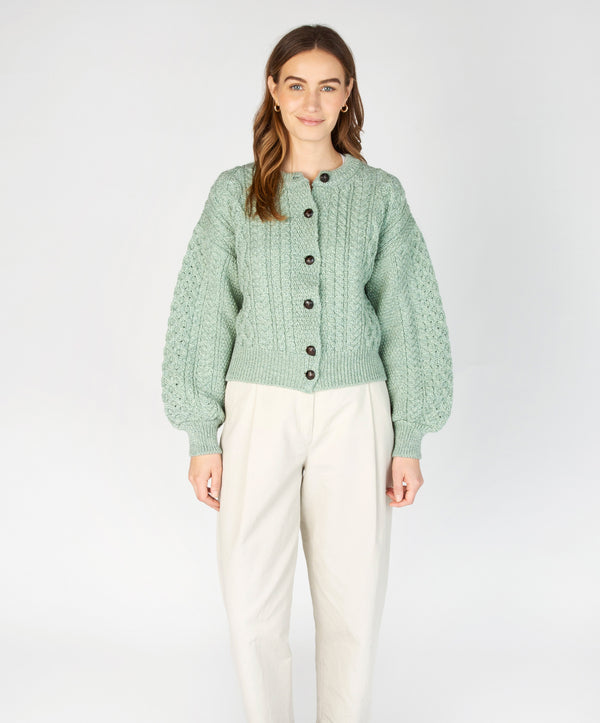 irelands eye Clover Cropped Aran Cardigan Sage Marl