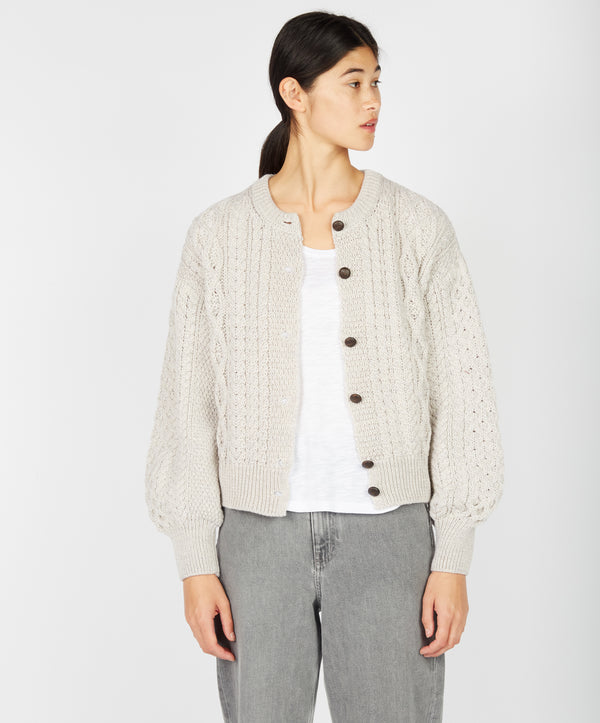 Irelands Eye Clover Cropped Aran Cardigan Silver Marl