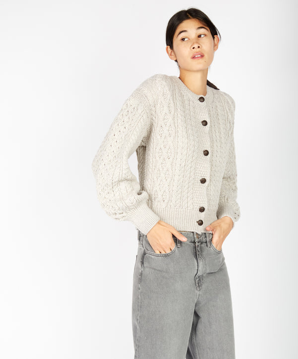 Irelands Eye Clover Cropped Aran Cardigan Silver Marl