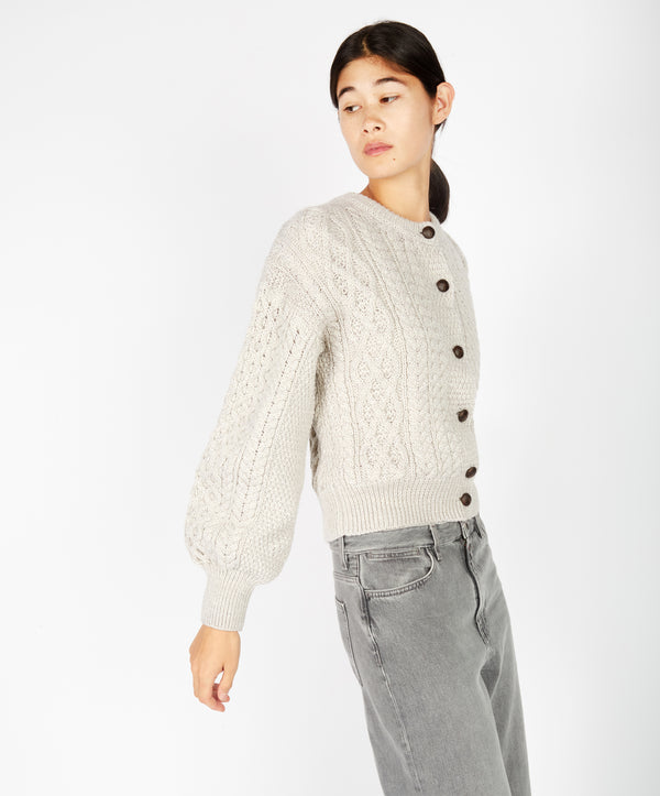 irelands eye Clover Cropped Aran Cardigan Silver Marl