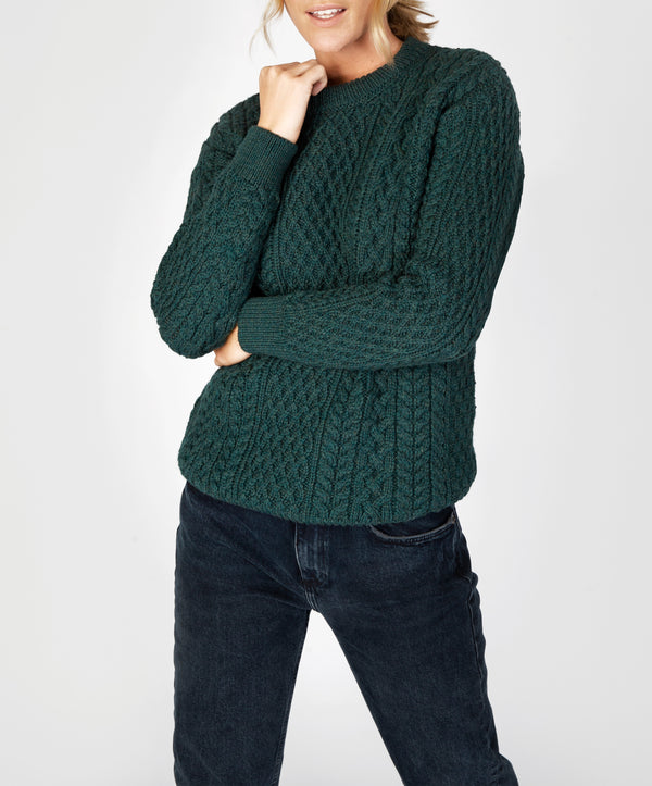 Irelands Eye Cuileann Womens Aran Crew Neck Sweater Evergreen