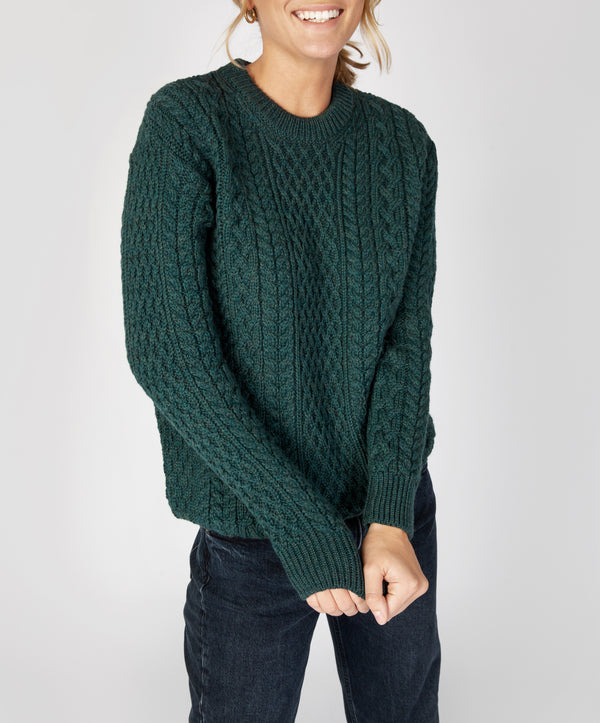 Irelands Eye Cuileann Womens Aran Crew Neck Sweater Evergreen