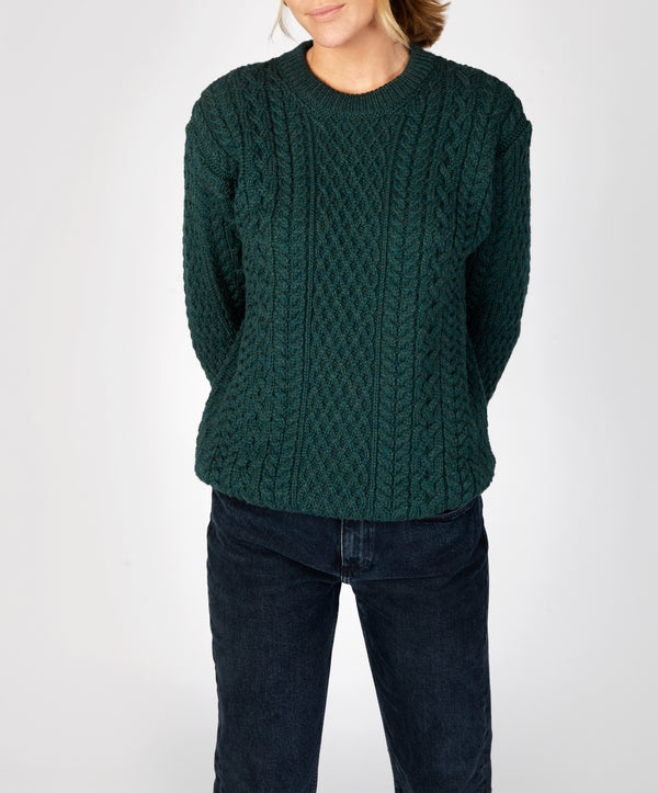 irelands eye Cuileann Womens Aran Crew Neck Sweater Evergreen