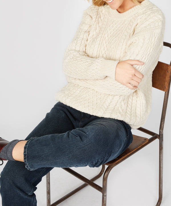 Irelands Eye Cuileann Womens Aran Crew Neck Sweater Natural