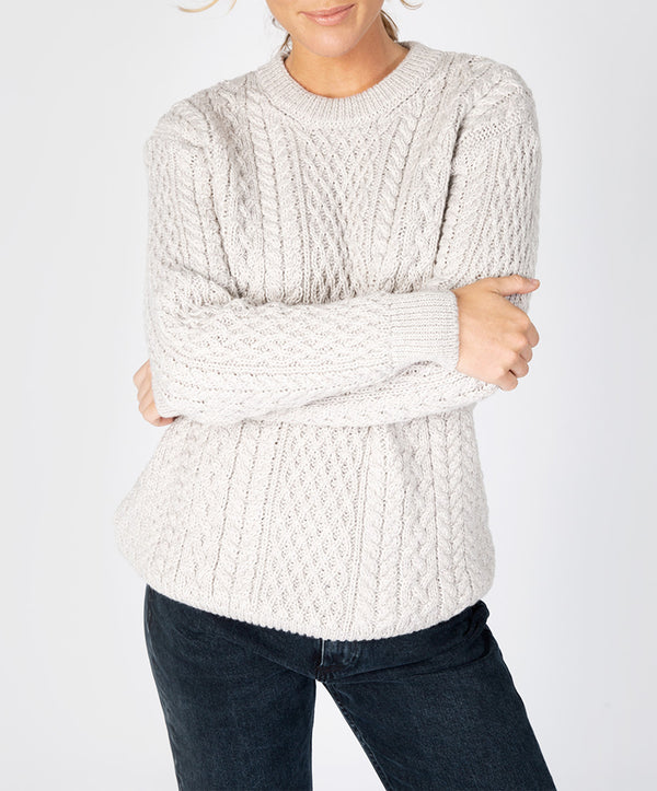 Irelands Eye Cuileann Womens Aran Crew Neck Sweater Silver Marl