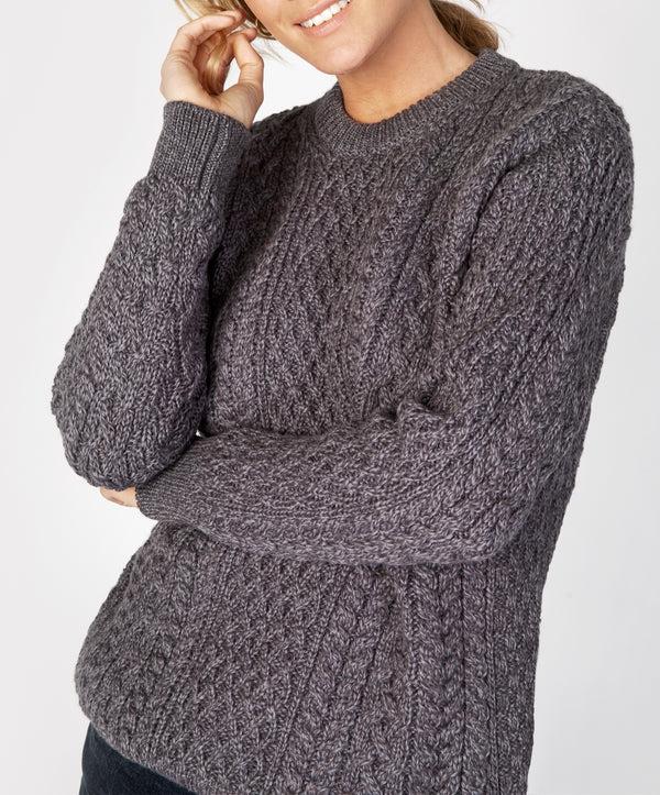 Irelands Eye Cuileann Womens Aran Crew Neck Sweater Steel Marl
