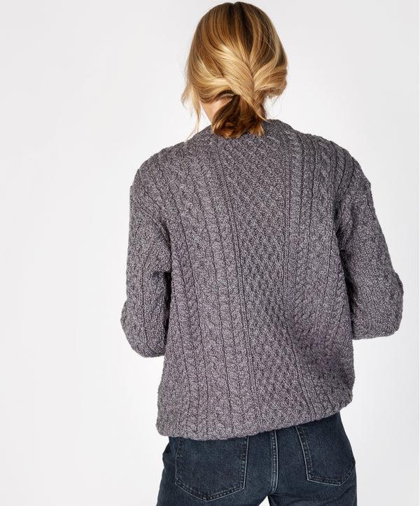 Irelands Eye Cuileann Womens Aran Crew Neck Sweater Steel Marl