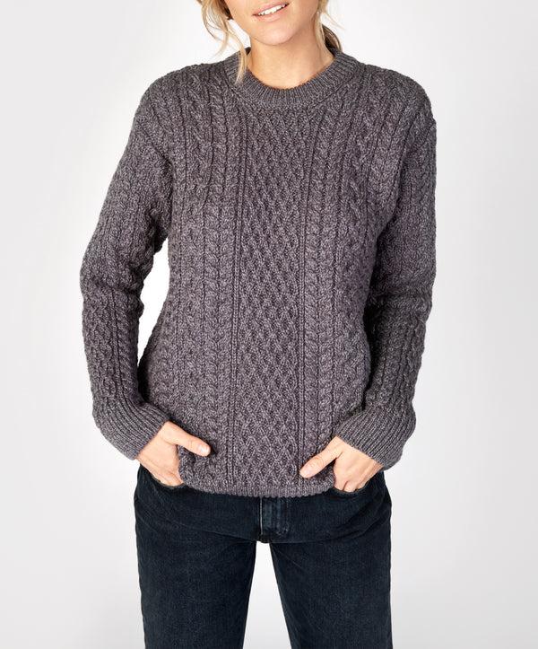 irelands eye Cuileann Womens Aran Crew Neck Sweater Steel Marl