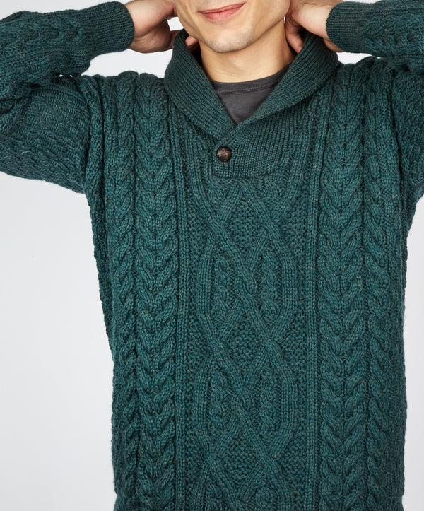 Irelands Eye Dair Aran Shawl Collar Sweater Evergreen