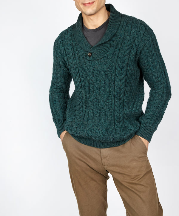 Irelands Eye Dair Aran Shawl Collar Sweater Evergreen