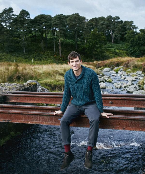 Irelands Eye Dair Aran Shawl Collar Sweater Evergreen