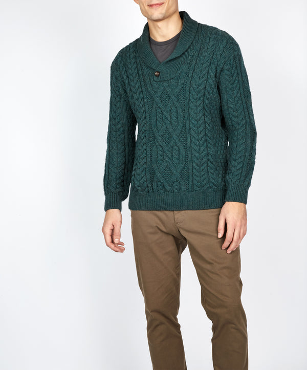 irelands eye Dair Aran Shawl Collar Sweater Evergreen