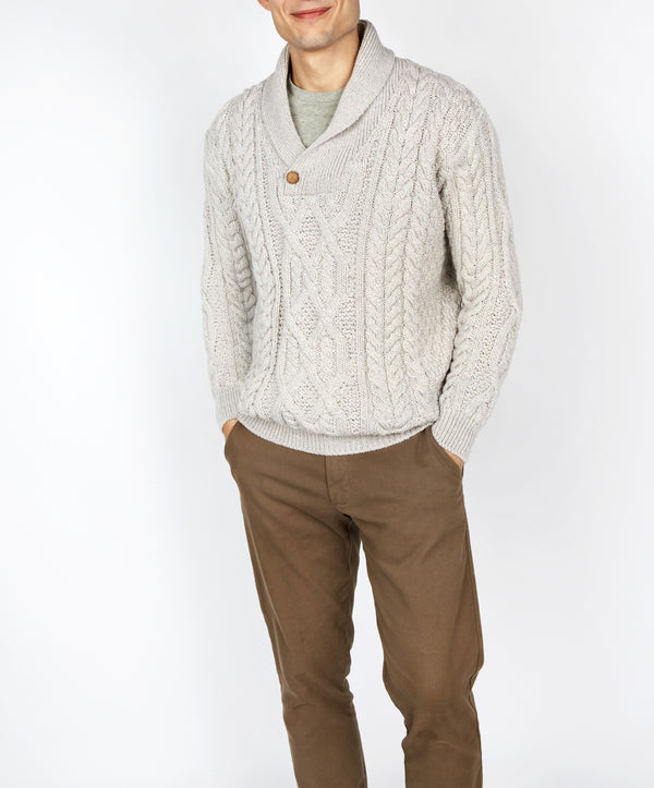 Irelands Eye Dair Aran Shawl Collar Sweater Silver Marl