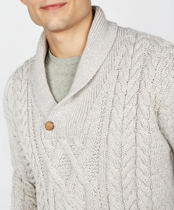 Irelands Eye Dair Aran Shawl Collar Sweater Silver Marl