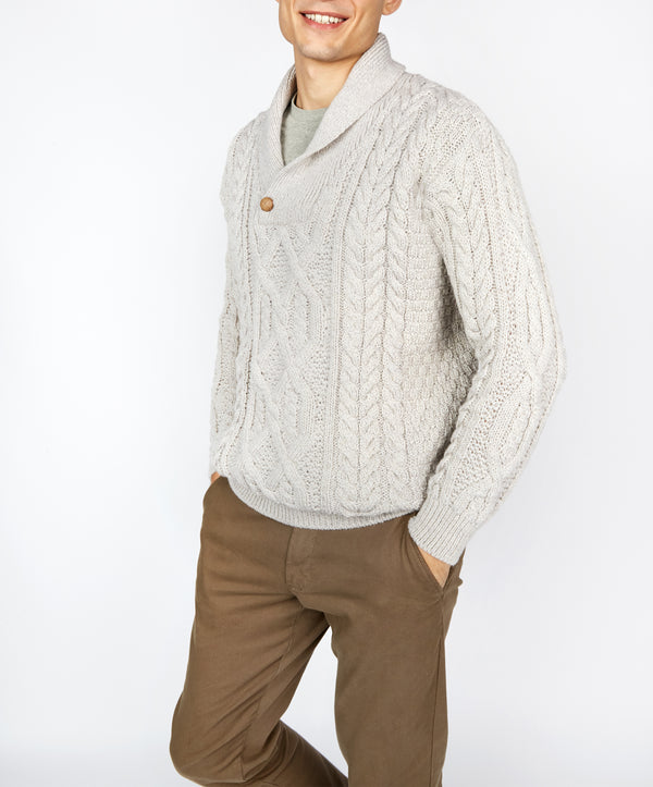 irelands eye Dair Aran Shawl Collar Sweater Silver Marl