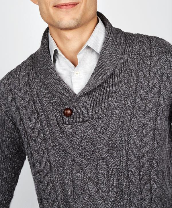 Irelands Eye Dair Aran Shawl Collar Sweater Steel Marl