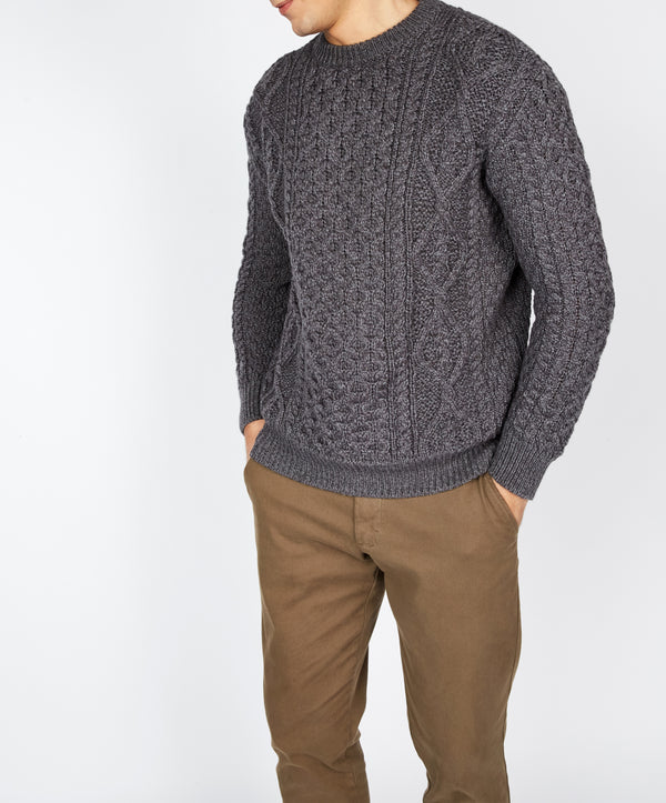 Irelands Eye Fearnóg Aran Crew Neck Sweater Steel Marl