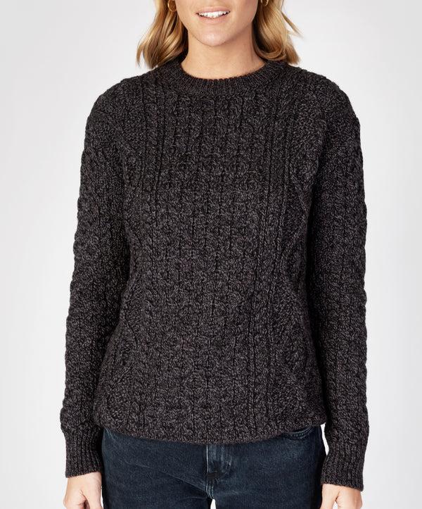 Irelands Eye Fearnóg Womens Aran Crew Neck Sweater Anthracite