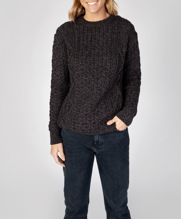 irelands eye Fearnóg Womens Aran Crew Neck Sweater Anthracite