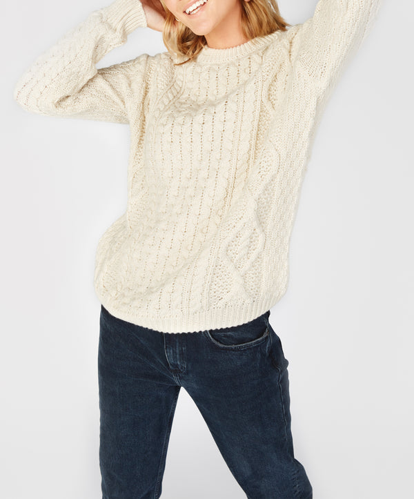 Irelands Eye Fearnóg Womens Aran Crew Neck Sweater Natural