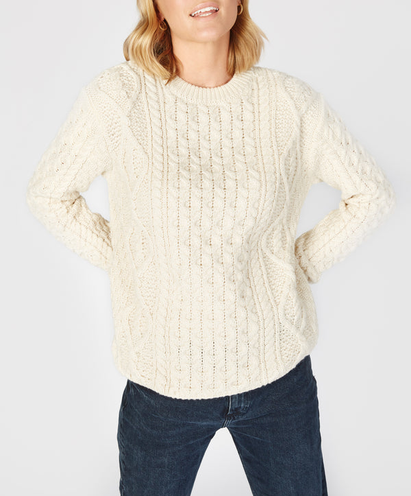 Irelands Eye Fearnóg Womens Aran Crew Neck Sweater Natural