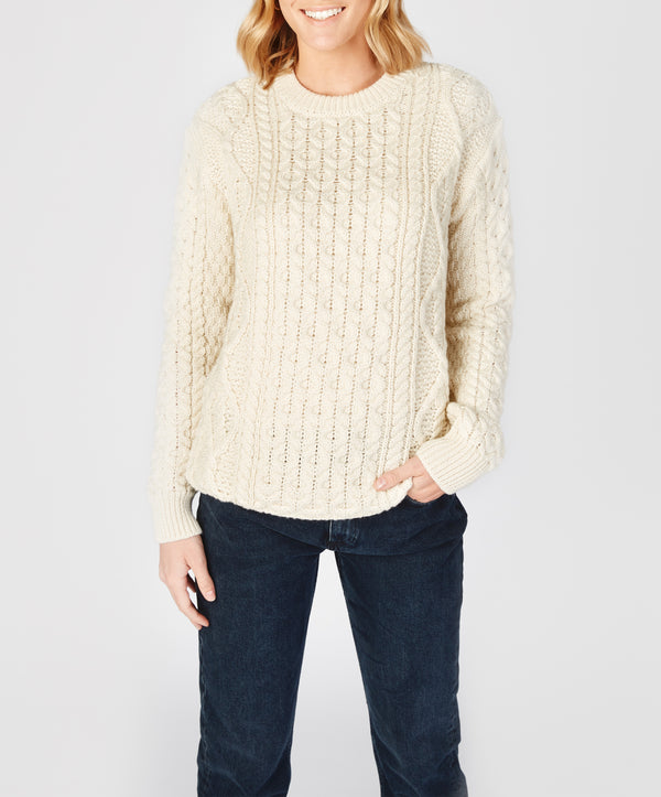 irelands eye Fearnóg Womens Aran Crew Neck Sweater Natural
