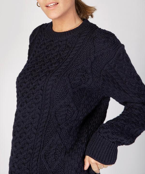 Irelands Eye Fearnóg Womens Aran Crew Neck Sweater Navy