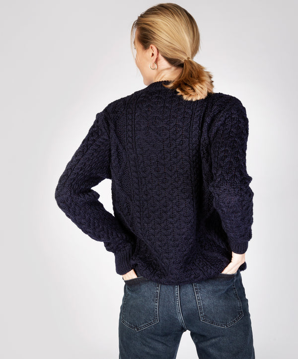 Irelands Eye Fearnóg Womens Aran Crew Neck Sweater Navy