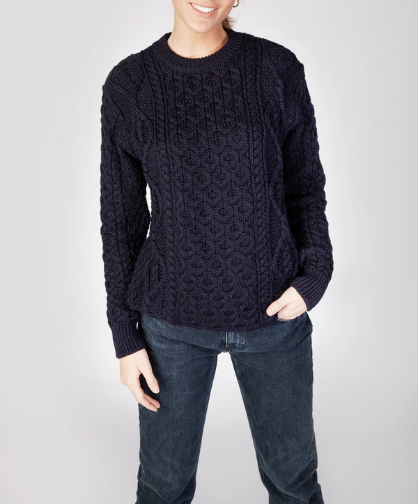 irelands eye Fearnóg Womens Aran Crew Neck Sweater Navy