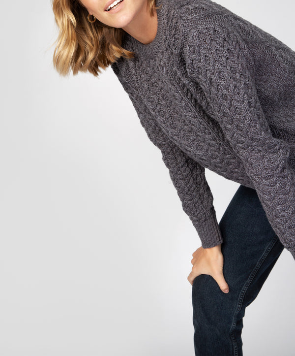 Irelands Eye Fearnóg Womens Aran Crew Neck Sweater Steel Marl