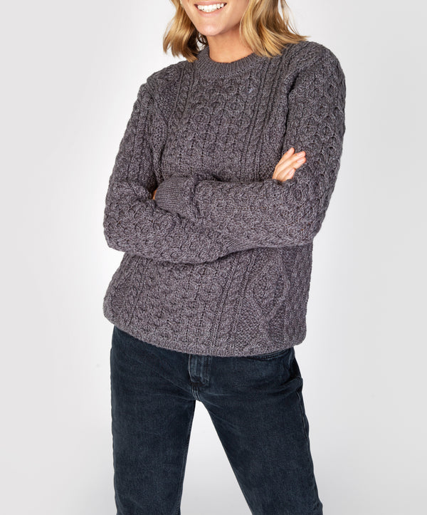 Irelands Eye Fearnóg Womens Aran Crew Neck Sweater Steel Marl