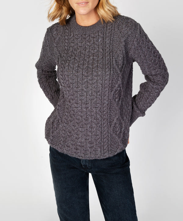 irelands eye Fearnóg Womens Aran Crew Neck Sweater Steel Marl