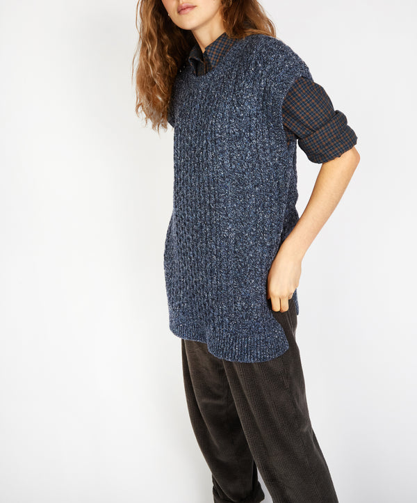 Irelands Eye Fennel Oversized Aran Sweater Vest Dark Denim