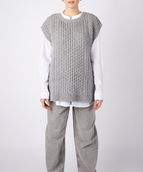 irelands eye Fennel Oversized Aran Sweater Vest Pearl Grey