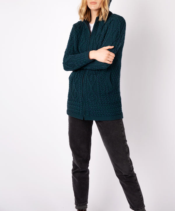 Irelands Eye Hazel Aran Zipped Hooded Coat Atlantic Blue