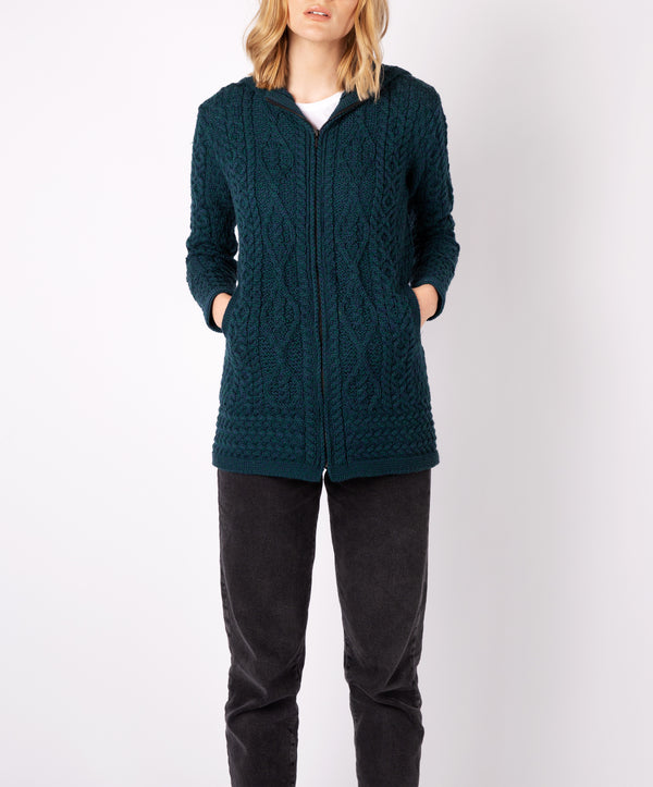 irelands eye Hazel Aran Zipped Hooded Coat Atlantic Blue