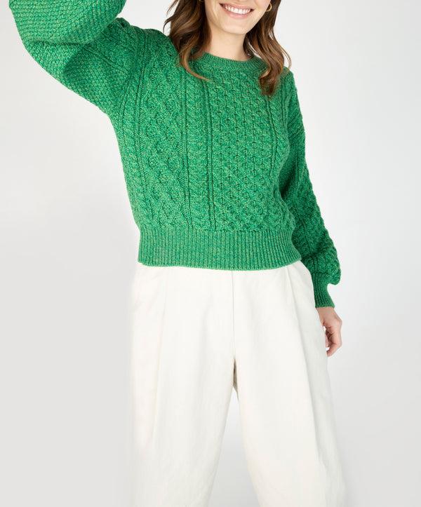 Irelands Eye Honeysuckle Cropped Aran Sweater Green Marl