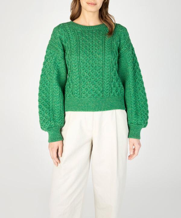 Irelands Eye Honeysuckle Cropped Aran Sweater Green Marl