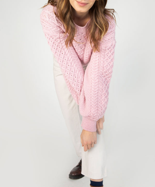 Irelands Eye Honeysuckle Cropped Aran Sweater Pale Pink