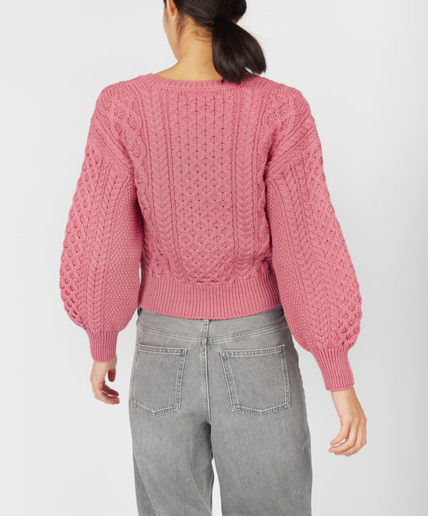 Irelands Eye Honeysuckle Cropped Aran Sweater Rosa Pink