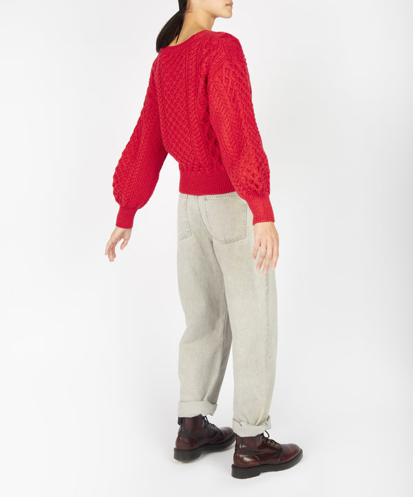 Irelands Eye Honeysuckle Cropped Aran Sweater Scarlet